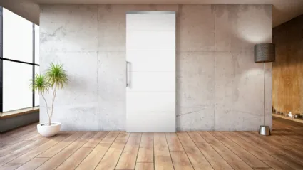 Porta per interni scorrevole Magic in laminato bianco con profilo in alto in alluminio di Nusco