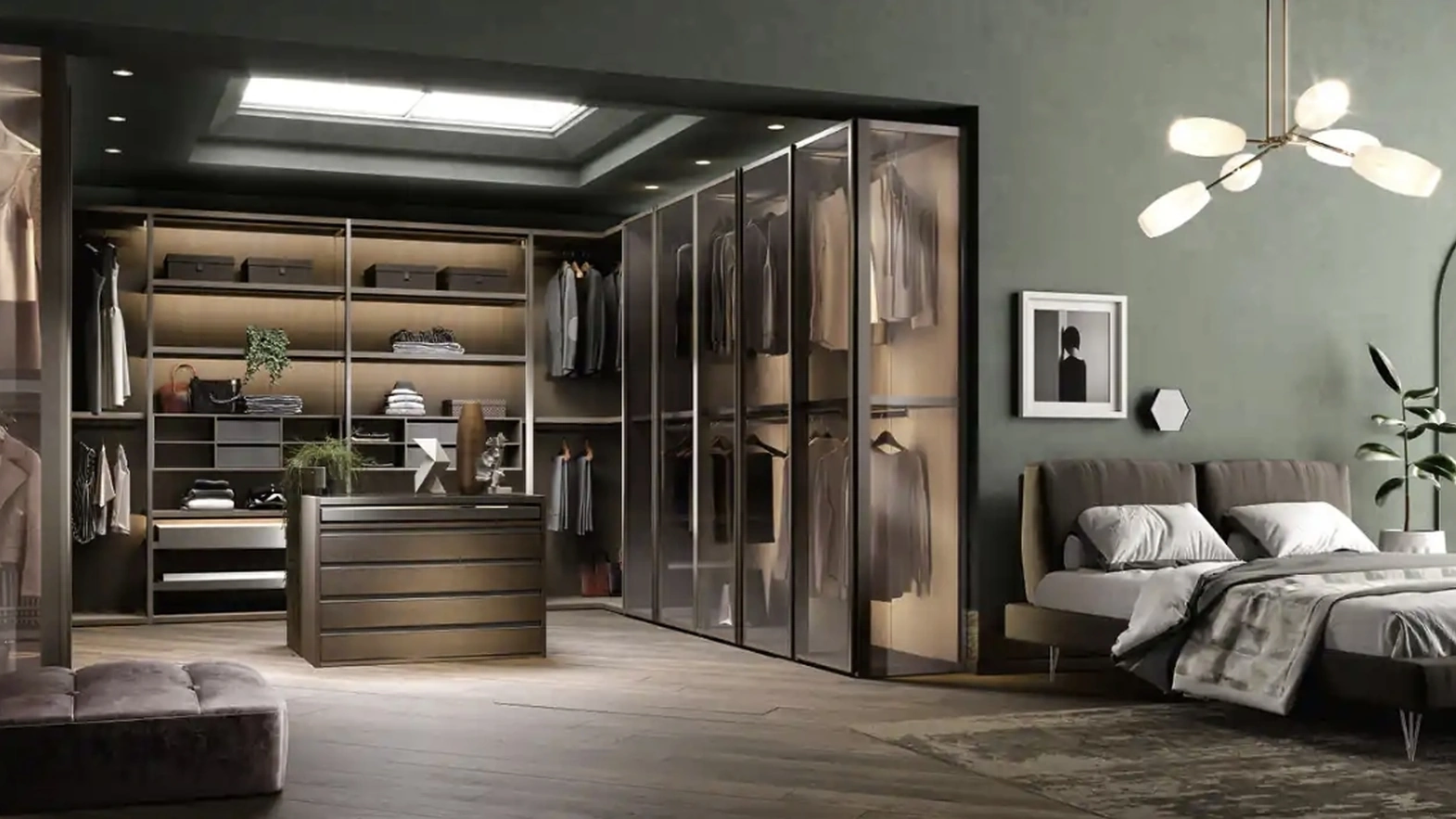 Cabina armadio Antares A122 in nobilitato rovere con ante in vetro di Moretti Compact Giorno Notte