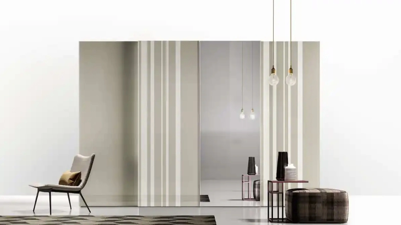 Armadio con ante scorrevoli Levante e Levante Strip S189 in vetro laccato e specchio di Moretti Compact Giorno Notte