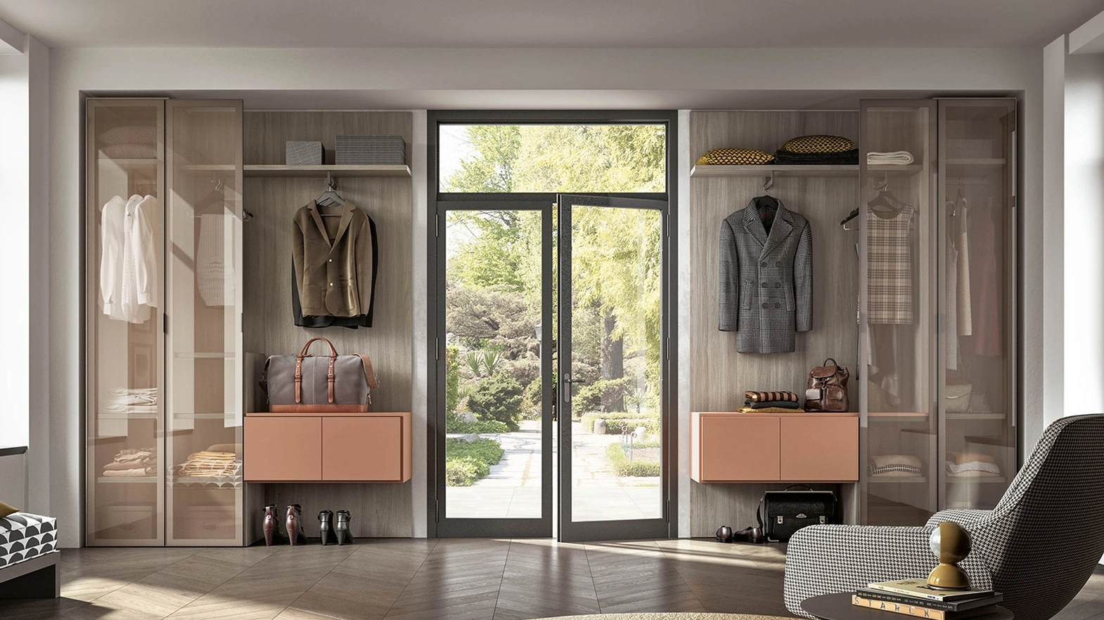 Cabina Armadio con ante battenti in vetro e schienali effetto legno Start su Misura di Clever