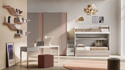 Cameretta in melaminico con letti a castello con gradini contenitore Start S26 di Clever