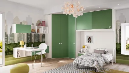 Cameretta componibile Job CM233 in nobilitato Bianco, Verde Salvia e Verde Giava di Giessegi