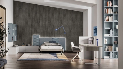 Cameretta componibile in laccato opaco con libreria e angolo studio Start T04 di Clever