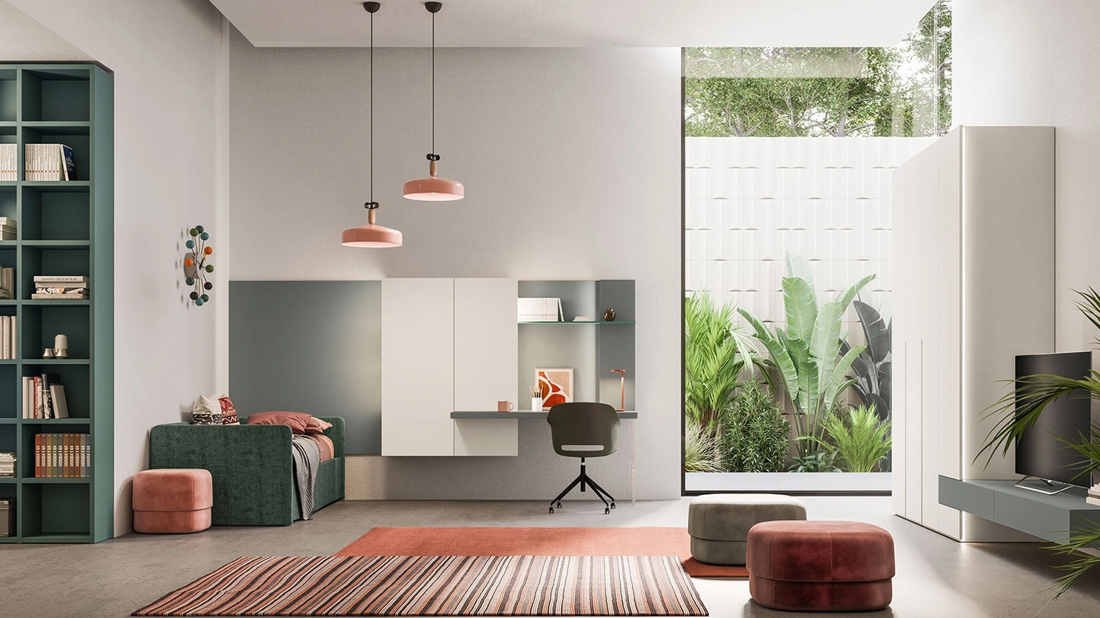 Cameretta componibile in laccato e melaminico con angolo studio sospeso Start T05 di Clever