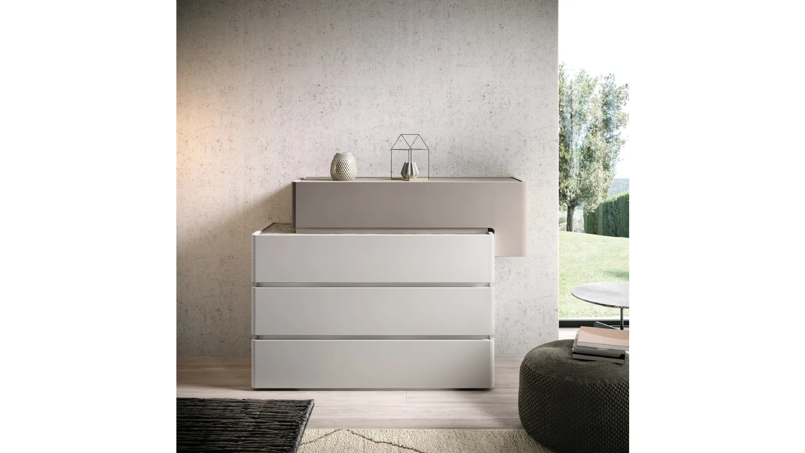 Comò Podio Smart O materia rovere bianco e top decor primofiore e vetro di Corso 11