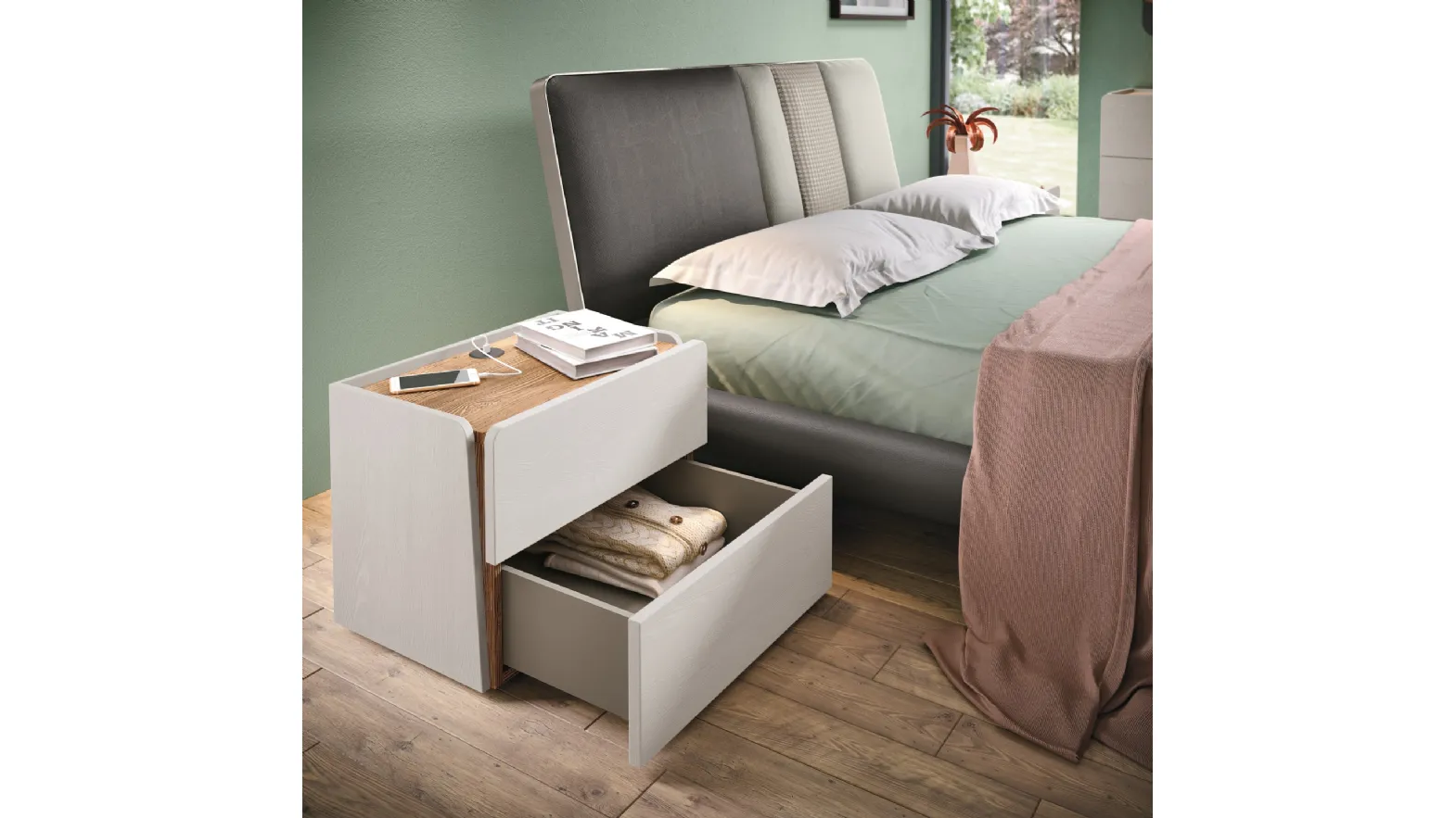 Comodino Sipario Rovere Bianco e Rovere Miele finitura interna cassetti similpelle di Corso 11