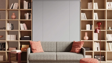 Letto a scomparsa con divano integrato e libreria Im 22 04 Nobu in melaminico Rovere e laccato opaco di Clever