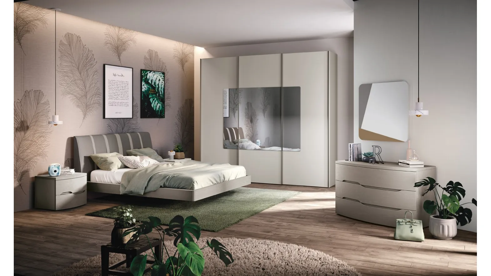 Letto Linea testata imbottita rivestita Similpelle Tabacco con righe grigio visone di Corso 11