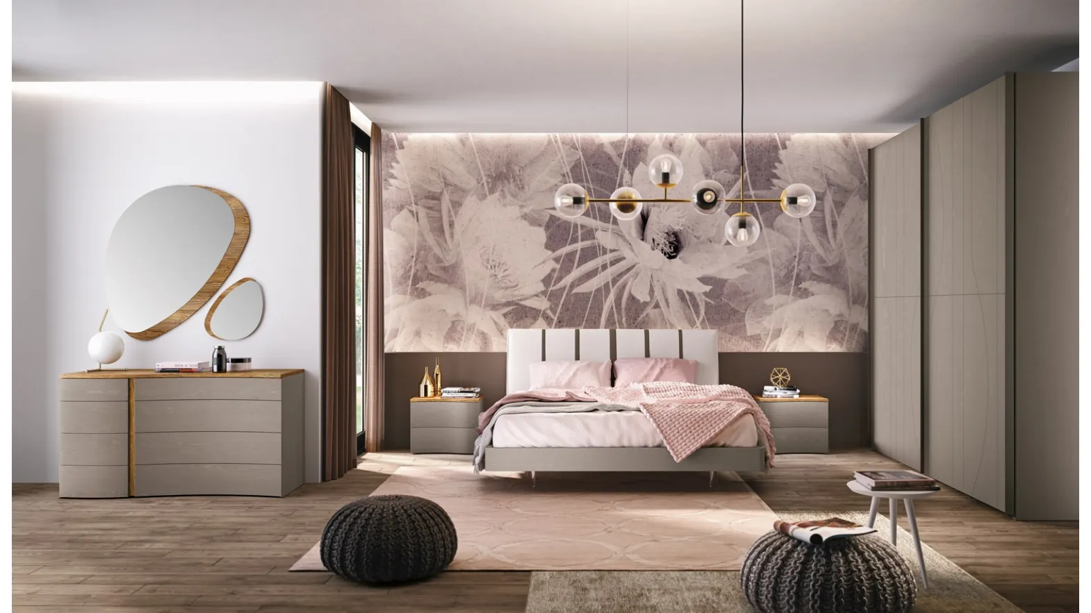 Letto Linea rivestito Similpelle Touch cenere e righe tabacco con ring rovere visone di Corso 11