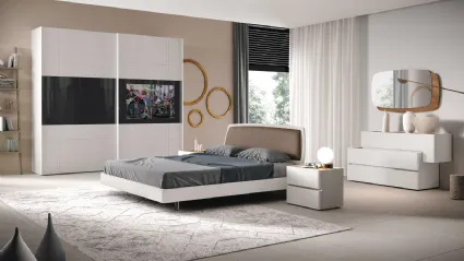 Letto Sipario con cuscino testata rivestito similpelle tabacco e struttura Rovere Bianco di Corso 11