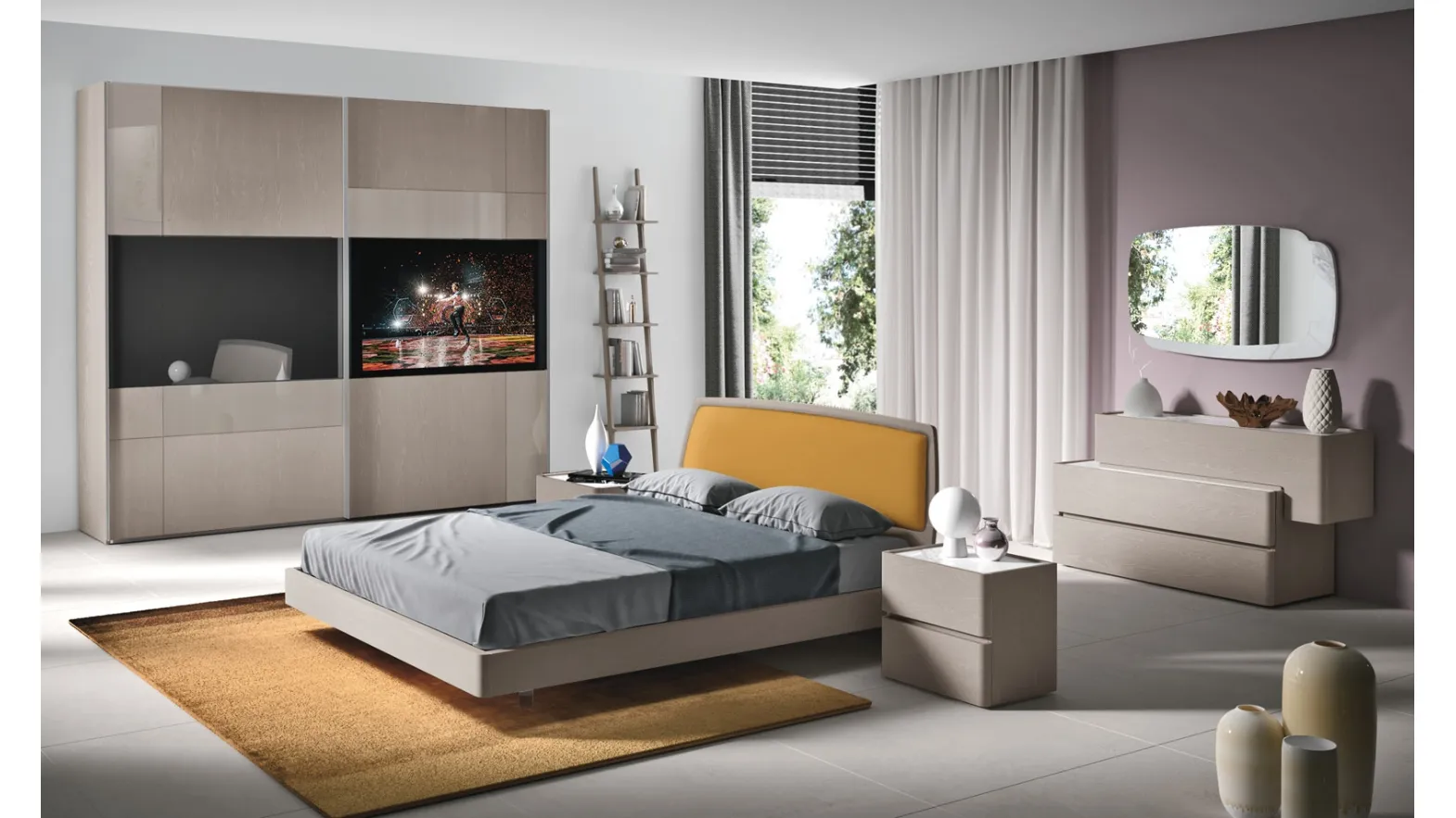 Letto Sipario con cuscino testiera in similpelle Miele e struttura Rovere Visone di Corso 11