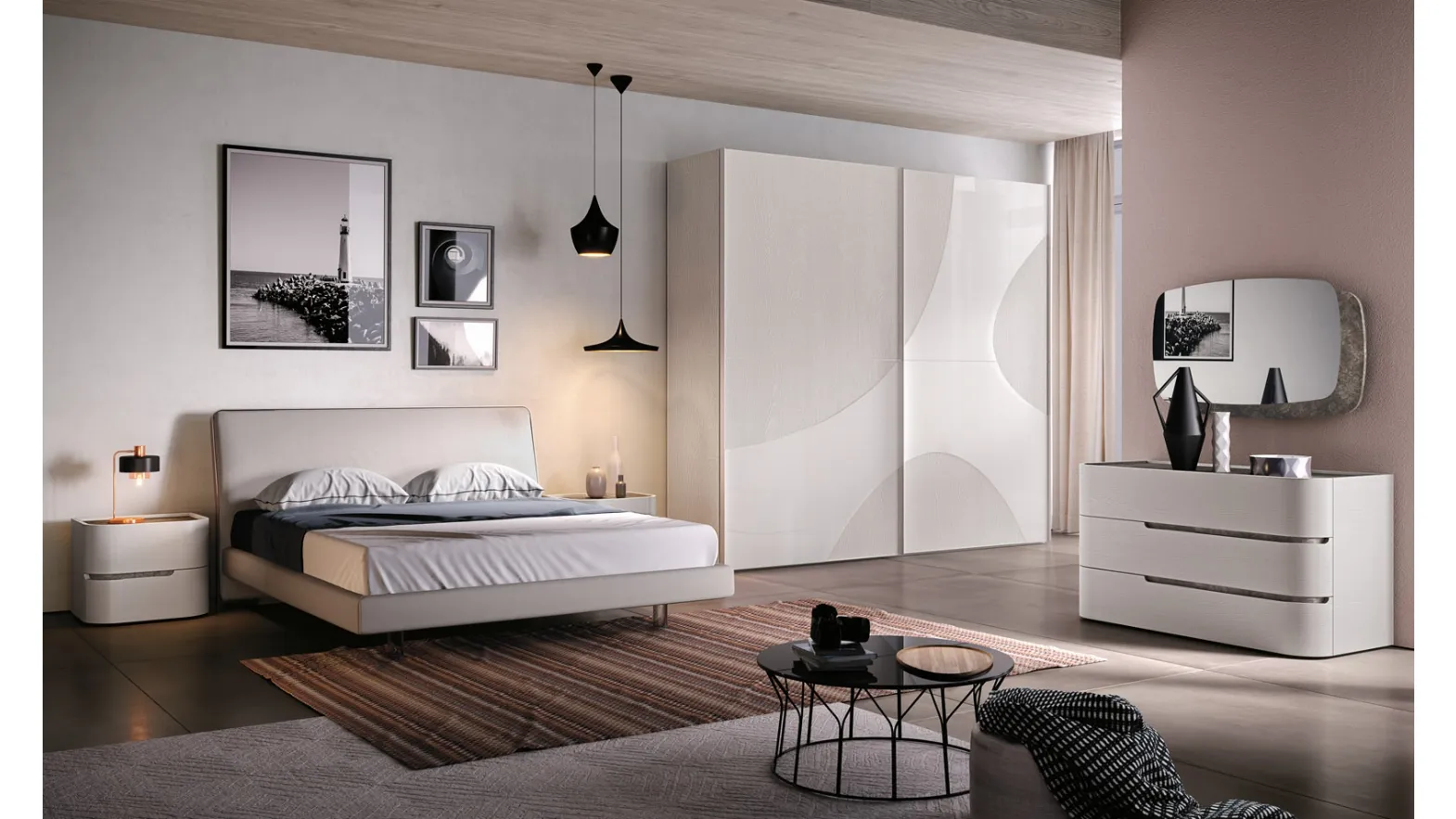 Letto Stilo Liscio testata imbottita rivestito Cenere e cover grigio perlato di Corso 11