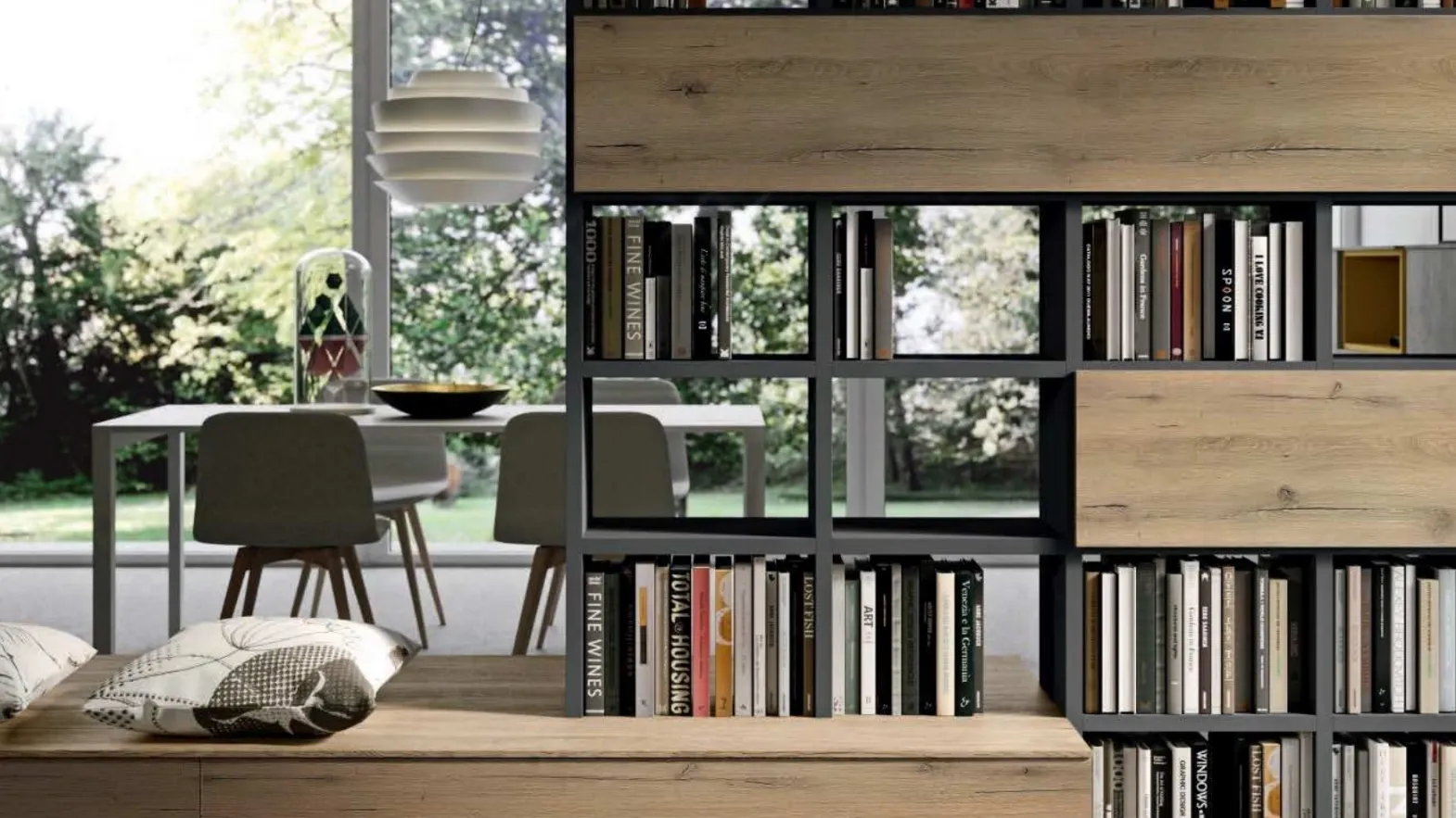 Libreria divisoria in materico rovere nodato miele e melaminico BK04-1 di Cinquepuntozero