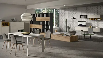 Libreria bifacciale BK04 in melaminico e materico rovere di Cinquepuntozero