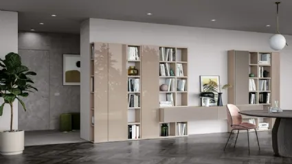 Libreria Logic 02 in laccato perla lucido e opaco e ecomalta grigio cemento di Morassutti
