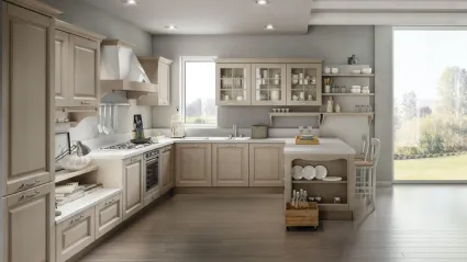 Cucina Classica ad angolo con penisola Bolgheri v02 in Rovere finitura Soya con top in laminato Pietra Vecchia di Stosa