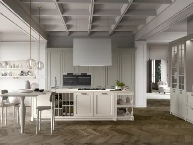 Cucina Classica Dolcevita v2 Laccato Avorio e Laccato Zinco, Top Neolith Calacatta Silk, Piano snack e gambone sagomato in Laccato Zinco opaco, Maniglie in finitura Argento inglese di Stosa