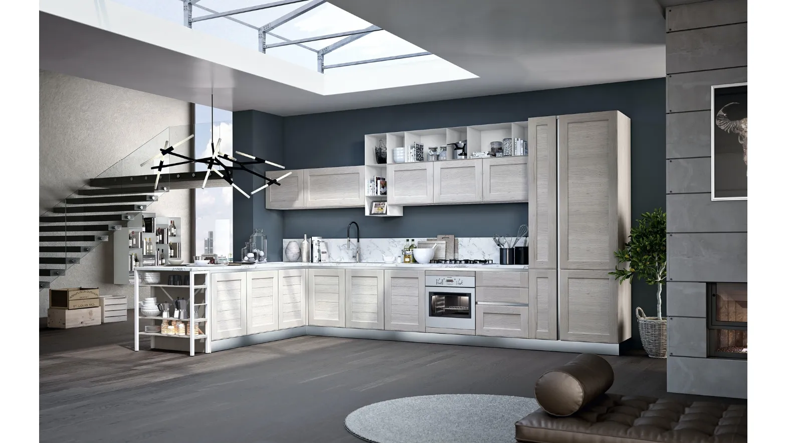 Cucina Classica York v6 in Rovere Calce, Elementi a giorno in lamiera finitura Laccato Bianco opaco di Stosa