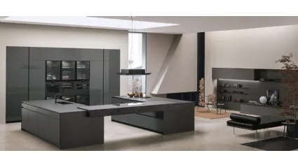 Cucina Moderna con doppia isola Aliant v01 in vetro lucido Lava e Neolith Basalt Black Satin con top in HPL Ossido di Stosa