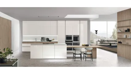 Cucina Moderna Aliant v02 in Vetro lucido Bianco Ice e Rovere Sahara con top in HPL Bianco di Stosa