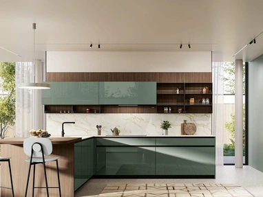 Cucina Moderna con penisola Altea Composizione 01 in vetro verde aloe di Prima Cucine