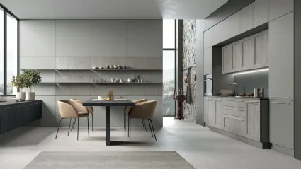 Cucina Moderna lineare City v07 in Termo Strutturato Rovere Brizzo e Pet Grigio Fumo di Stosa