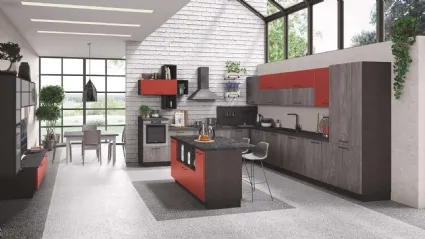 Cucina Moderna con isola Cloe 03 Rovere Smoky e Rosso Cocktail di Net Cucine