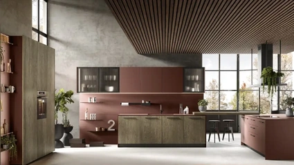 Cucina Moderna con isola College 02 in rovere yuta e fenix rosso jaipur di Moretti Cucine
