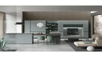 Cucina Moderna con isola Color Trend v02 in laccato opaco Grigio Daytona e Ginepro con piano snack in Rovere Dark di Stosa