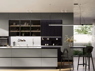 Cucina Moderna con isola Domino Composizione 07 in laccato grigio ferro e melaminico rovere nero di Prima Cucine