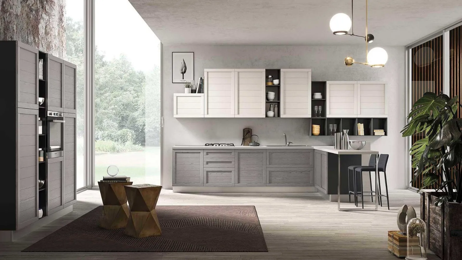 Cucina Moderna in legno con penisola Elsa 03 finitura Grigio Fumo e Bianco di Net Cucine