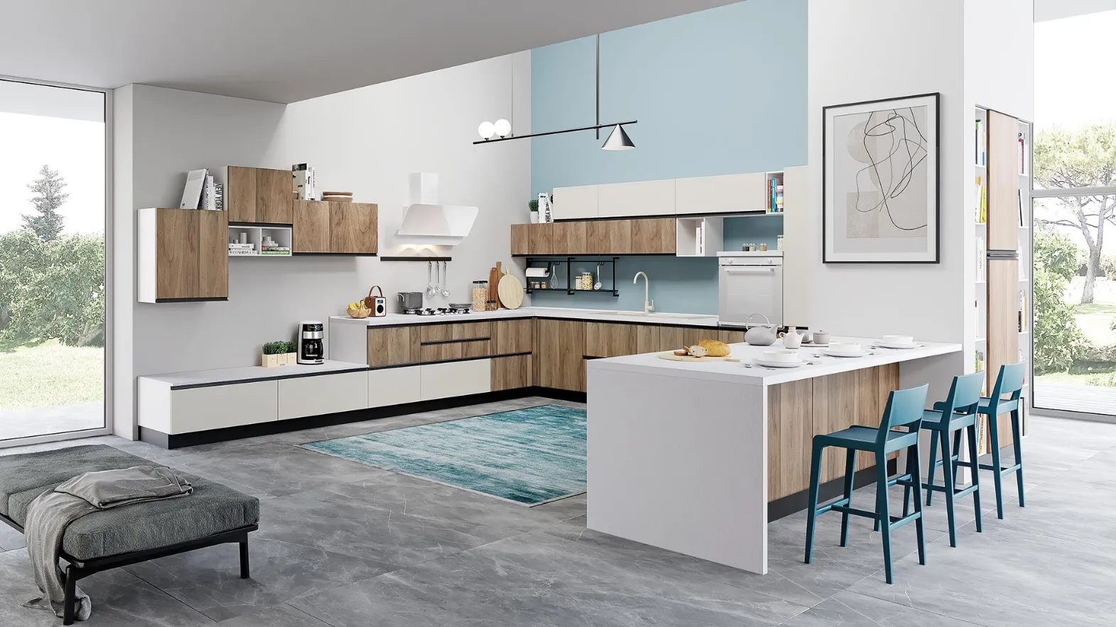Cucina Moderna Era Bianco Opaco e Noce Italiano di Net Cucine