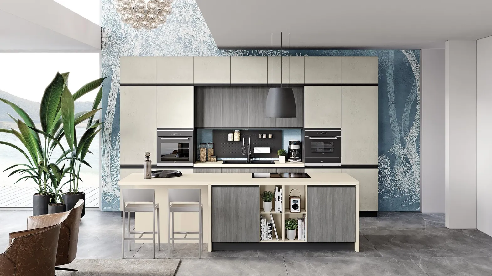 Cucina Moderna Era 05 Urban Avorio e Legno Grigio di Net Cucine