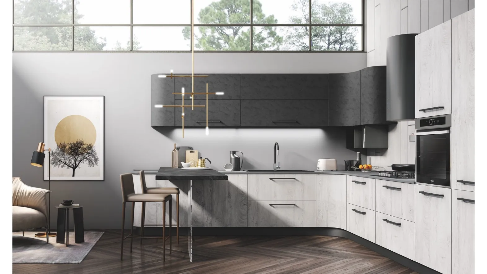 Cucina Moderna Gaia in Cemento Nero e Quercia Ghiaccio di Mobilturi