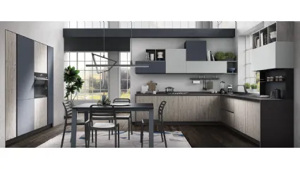 Cucina Moderna angolare Hilary finitura Rovere Grigio, Madreperla e Blue di Mobilturi