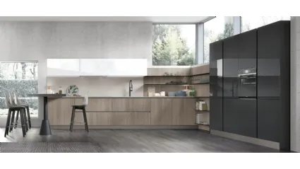 Cucina Moderna con penisola Infinity v06 in Termo Strutturato Rovere Sesamo di Stosa