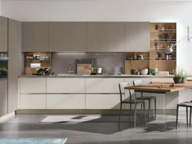 Cucina Moderna angolare con penisola Infinity v13 in Pet Cachemere, Cemento Visone e Rovere nodato di Stosa