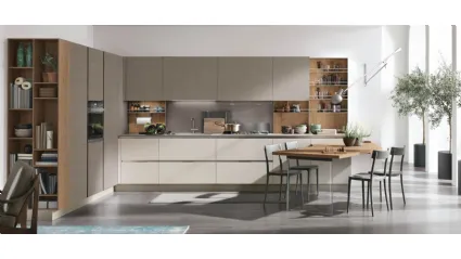 Cucina Moderna angolare con penisola Infinity v13 in Pet Cachemere, Cemento Visone e Rovere nodato di Stosa