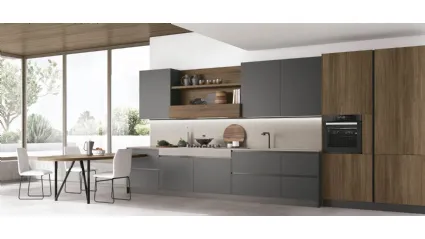 Cucina Moderna con penisola Infinity v02 in Pet canna di Fucile e Rovere Liquirizia di Stosa