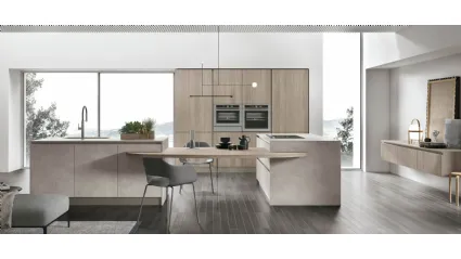 Cucina Moderna con isola Infinity v09 in Graniglia Fiume e Rovere Sesamo di Stosa