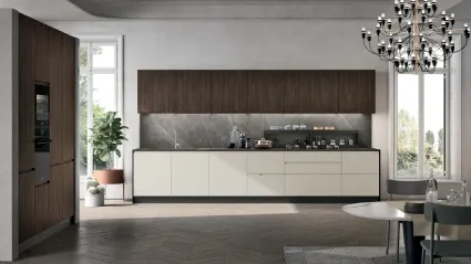 Cucina Moderna ad angolo Karma v07 in Pet Cachemere opaco e Termo Strutturato Rovere Corteccia di Stosa