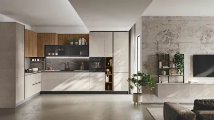 Cucina Moderna angolare Kaya v06 in cemento materico Sand e Termo Strutturato Noce Svezia di Stosa