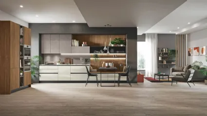 Cucina Moderna con penisola Kaya v01 in materico cemento Alu e Pola e Noce Svezia di Stosa