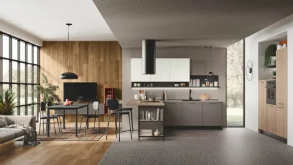 Cucina Moderna con penisola Kaya v02 in nobilitato opaco Smoke Grey e Bianco Soft e legno materico Argentina di Stosa