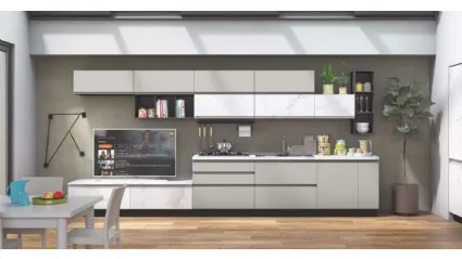 Cucina Moderna Kelly 01 effetto Marmo Bianco e Grigio Acciaio Opaco di Net Cucine