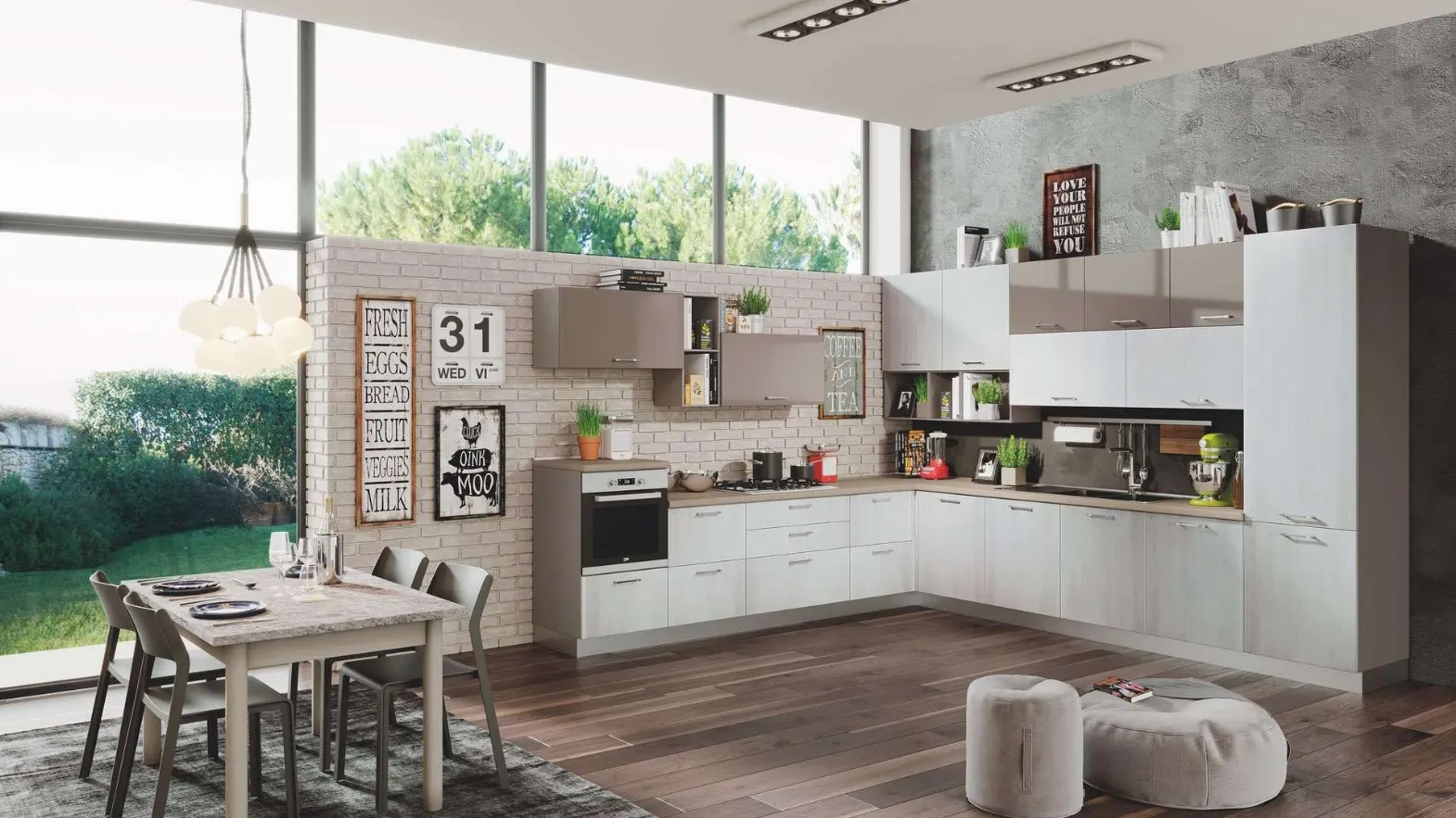 Cucina Moderna Kira 05 Legno Argento e Tortora Lucido di Net Cucine