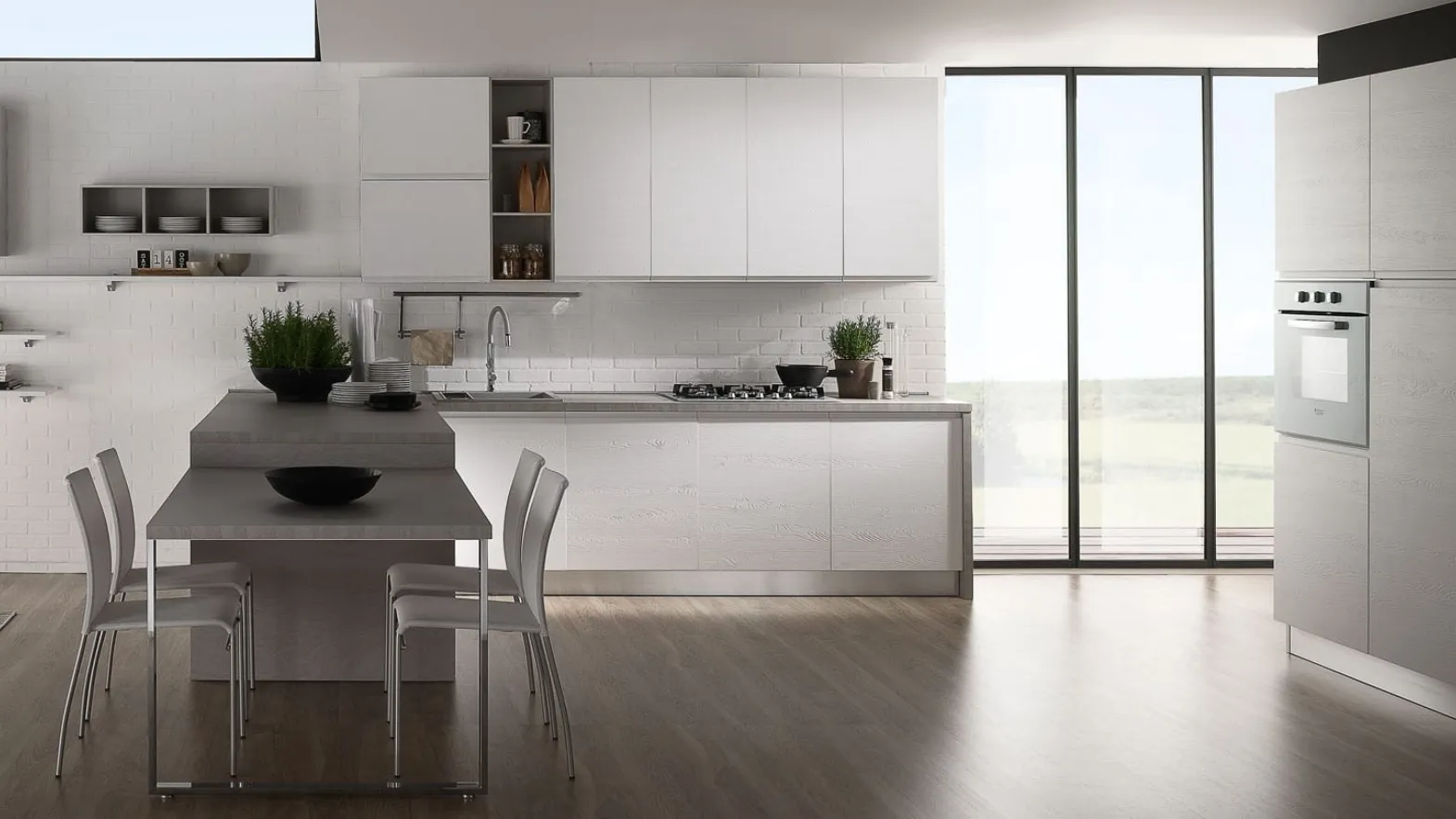 Cucina Moderna con penisola Luna in laccato Bianco di Mobilturi