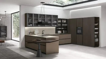 Cucina Moderna con penisola Metropolis v09 in Pet Caffè opaco e Rovere Conero di Stosa