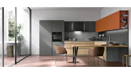 Cucina Moderna angolare con penisola Metropolis v13 in Termo Strutturato Rovere Sole, Pet Canna di Fucile opaco e laccato Lavaredo di Stosa