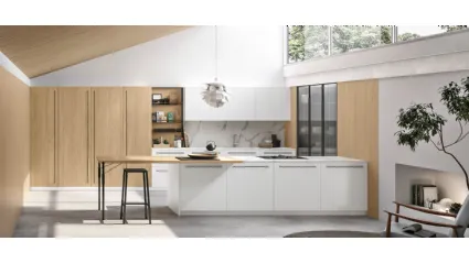 Cucina Moderna Metropolis v05 in Pet Bianco e Rovere Sole con top in HPL Calacatta di Stosa
